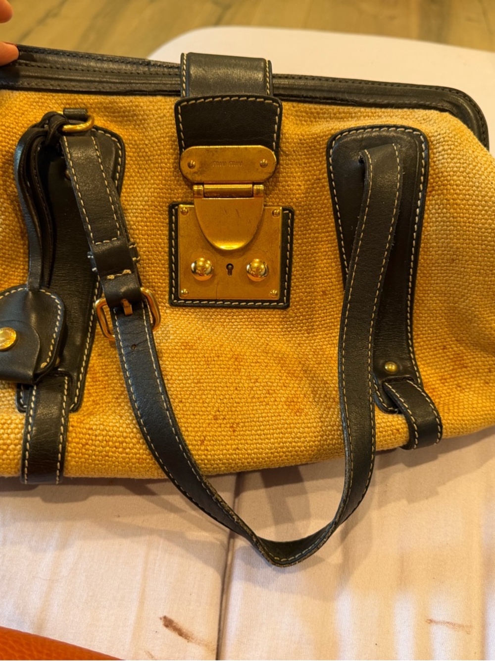 Miu Miu Yellow Canvas Satchel with Black Leather Trim and Gold Hardware